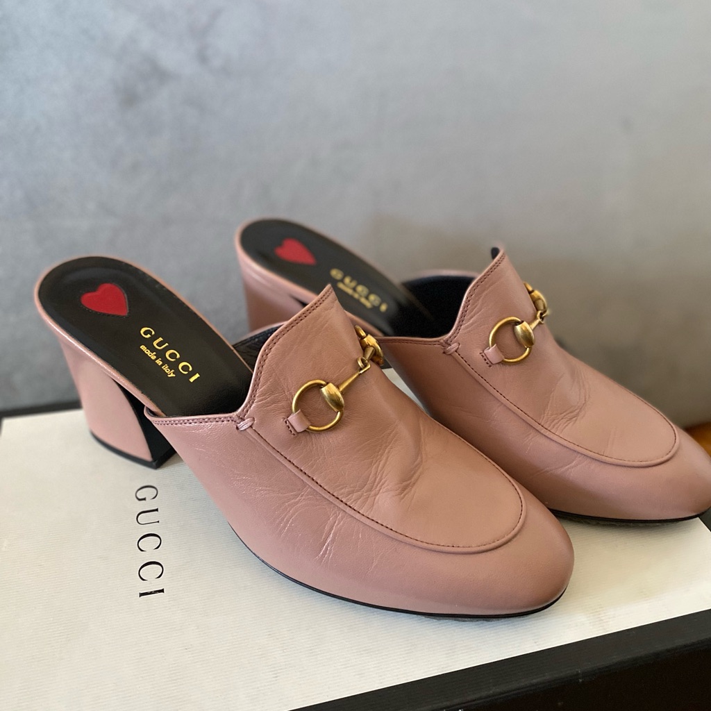 Gucci Malaga Kid Princetown Horsebit Mules/Slides Size 37.5 Us 7 In Crystal Pink
